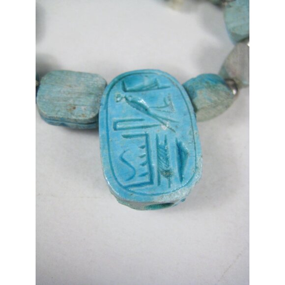 Egyptian Revival Scarab Faience Necklace Beaded Ceramic Vintage Pendant 29 READ - Picture 15 of 15